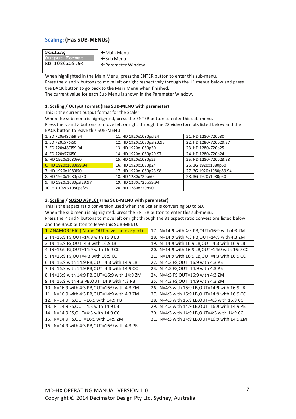 Scaling: (has sub-­‐menus) | Decimator Design MD-HX User Manual | Page 7 / 11