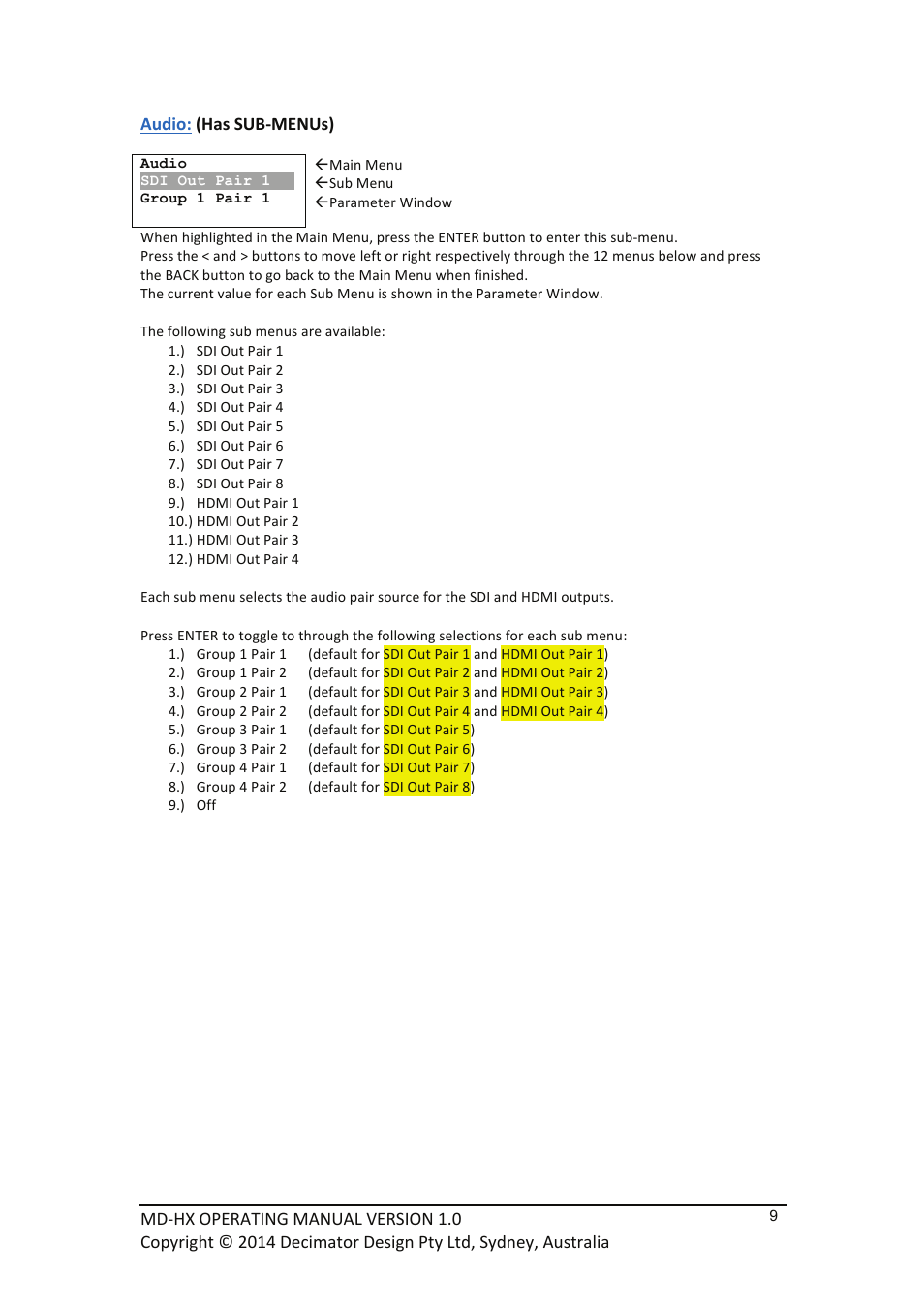 Audio: (has sub-­‐menus) | Decimator Design MD-HX User Manual | Page 9 / 11