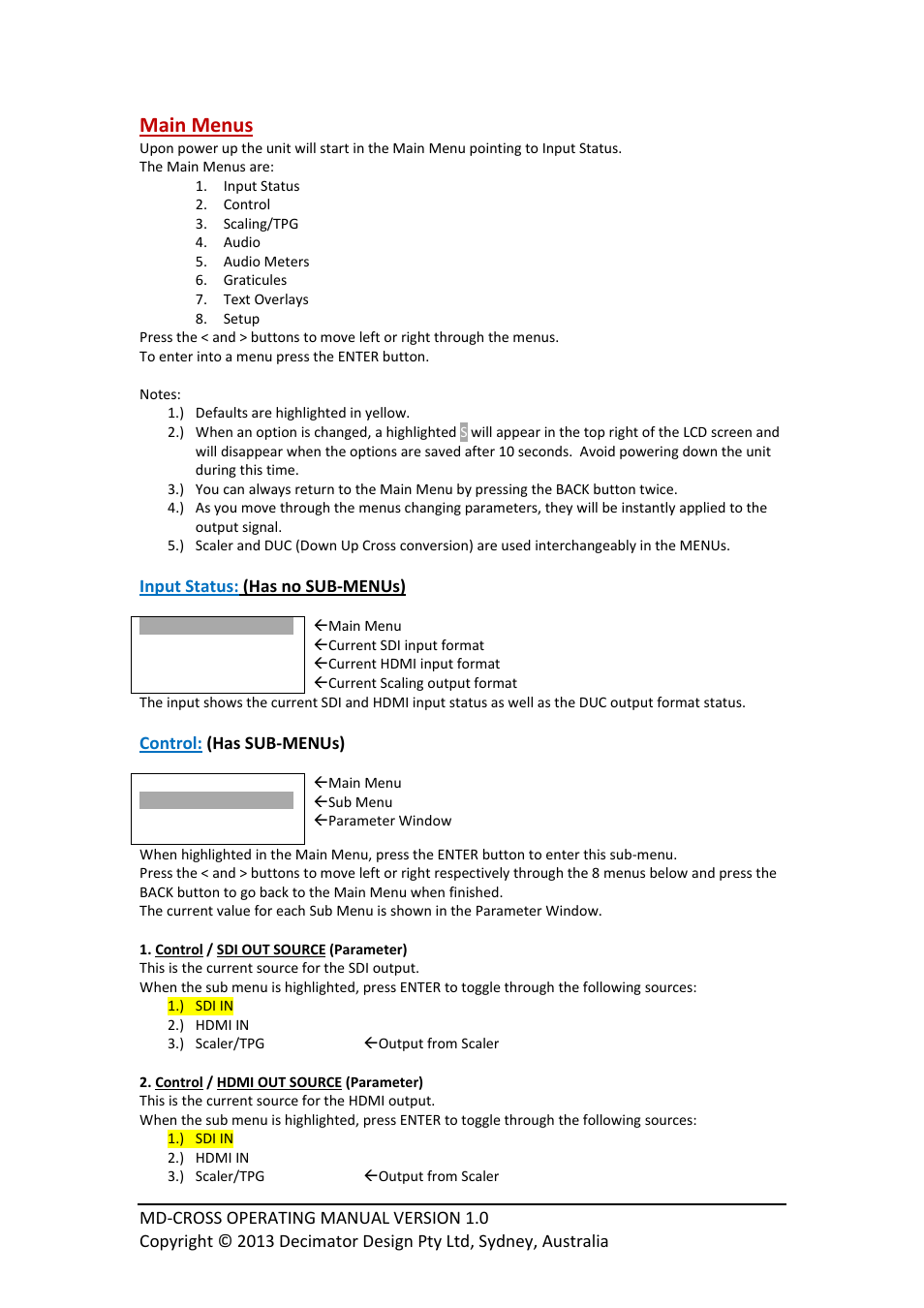 Main menus | Decimator Design MD-CROSS User Manual | Page 4 / 16