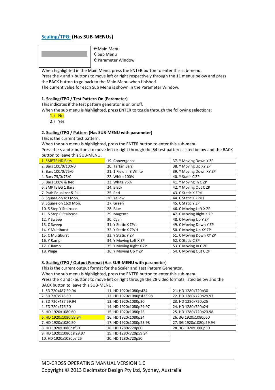 Scaling/tpg: (has sub‐menus) | Decimator Design MD-CROSS User Manual | Page 6 / 16