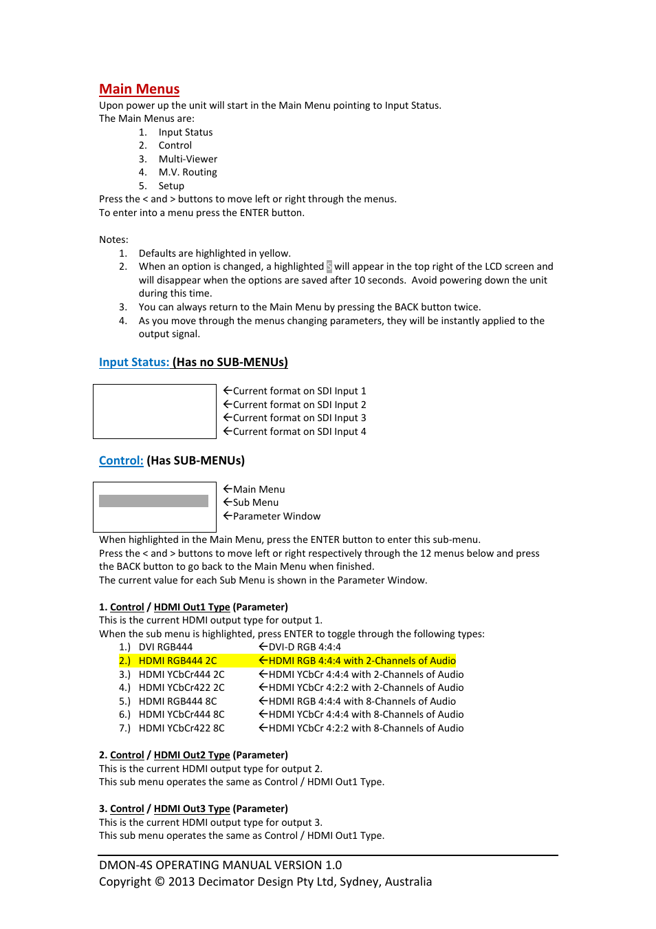 Main menus | Decimator Design DMON-4S User Manual | Page 3 / 10