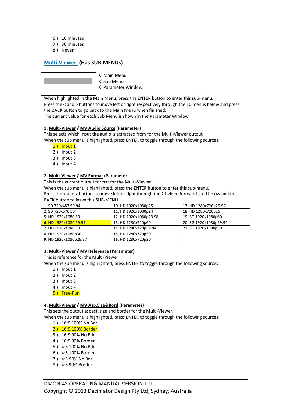 Multi‐viewer: (has sub‐menus) | Decimator Design DMON-4S User Manual | Page 5 / 10