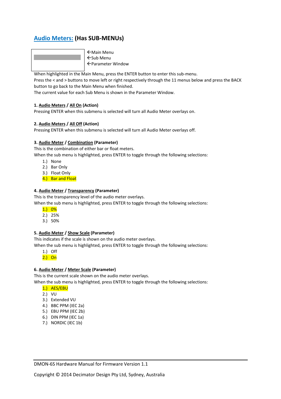 Audio meters: (has sub‐menus) | Decimator Design DMON-6S User Manual | Page 11 / 15