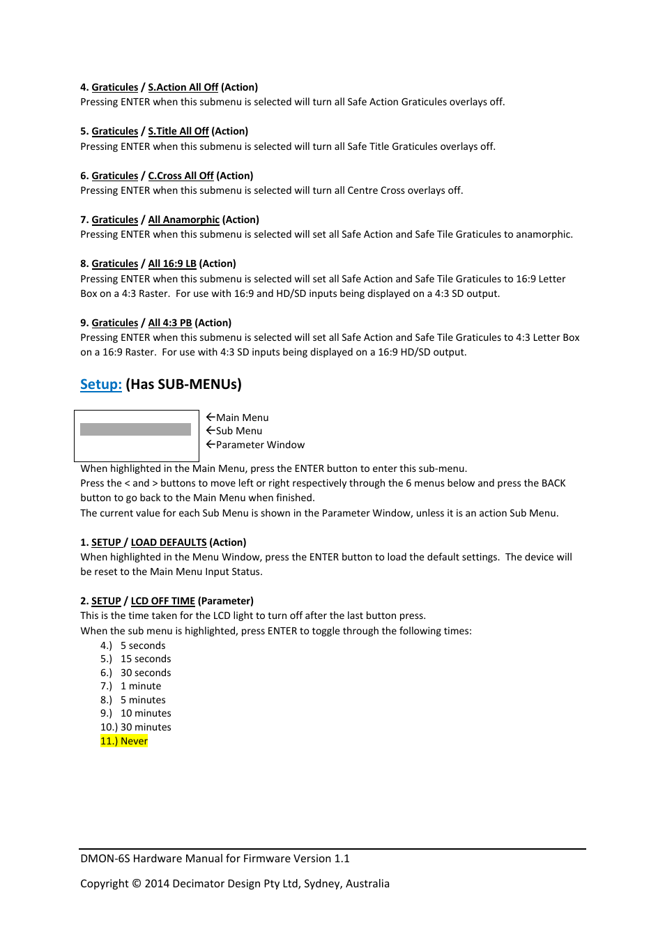 Setup: (has sub‐menus) | Decimator Design DMON-6S User Manual | Page 13 / 15