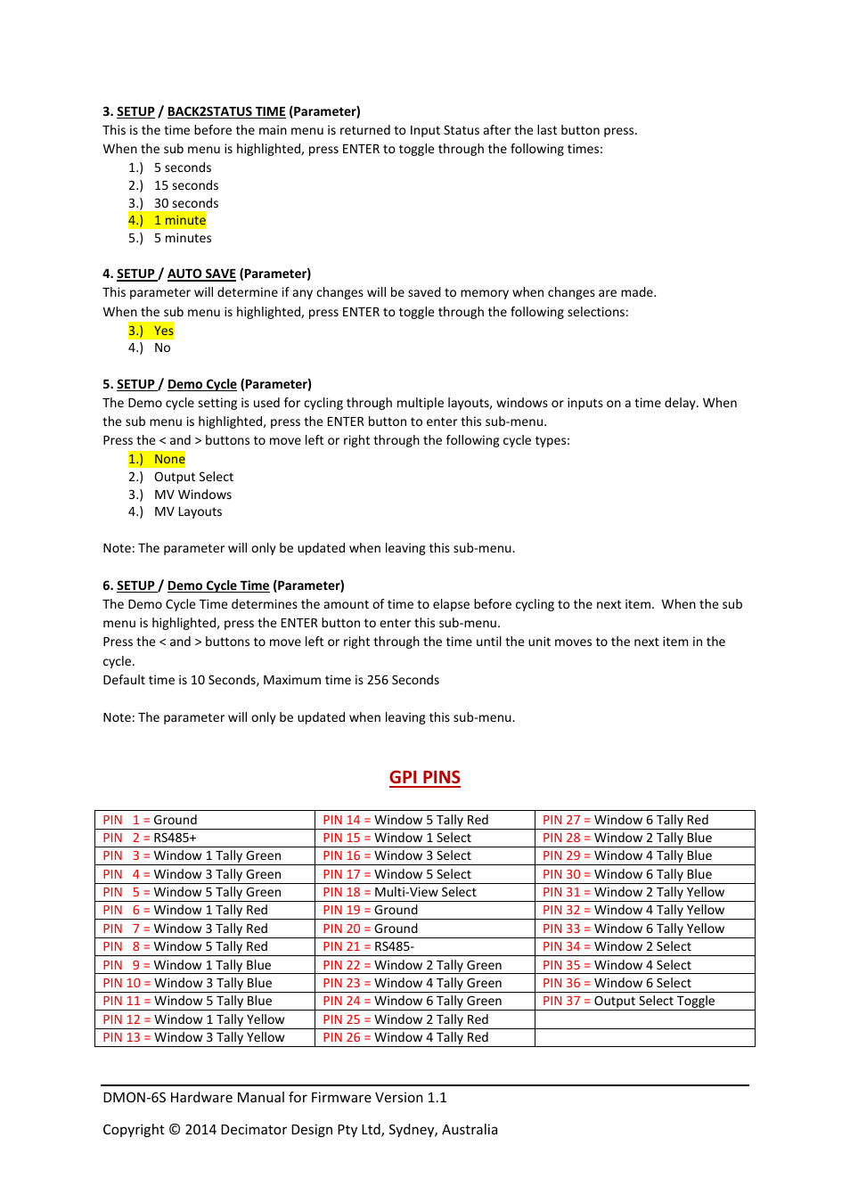 Gpi pins | Decimator Design DMON-6S User Manual | Page 14 / 15