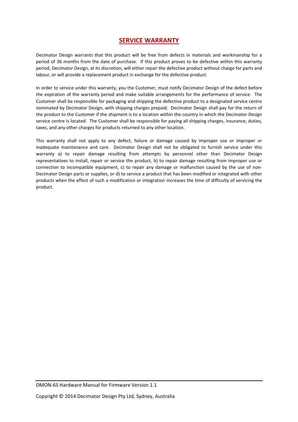 Service warranty | Decimator Design DMON-6S User Manual | Page 15 / 15
