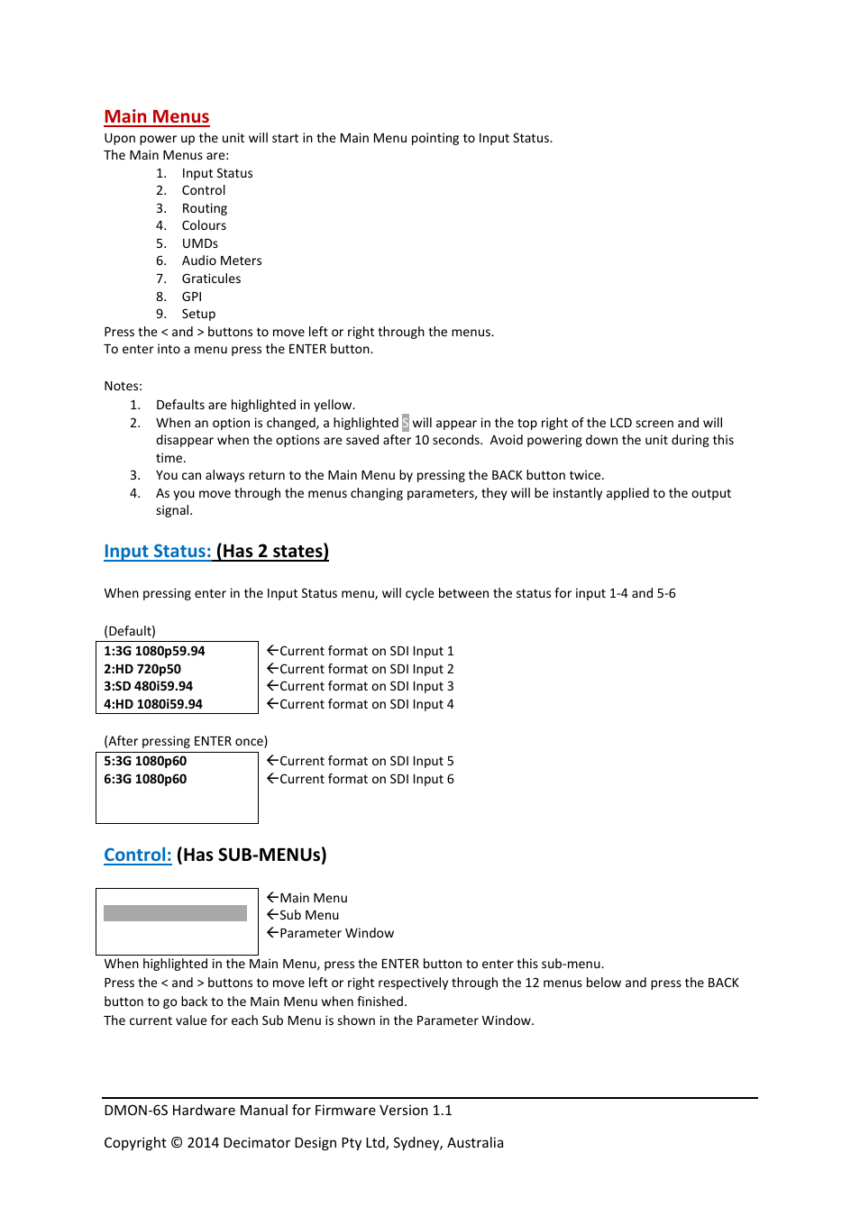 Main menus, Input status: (has 2 states), Control: (has sub‐menus) | Decimator Design DMON-6S User Manual | Page 3 / 15