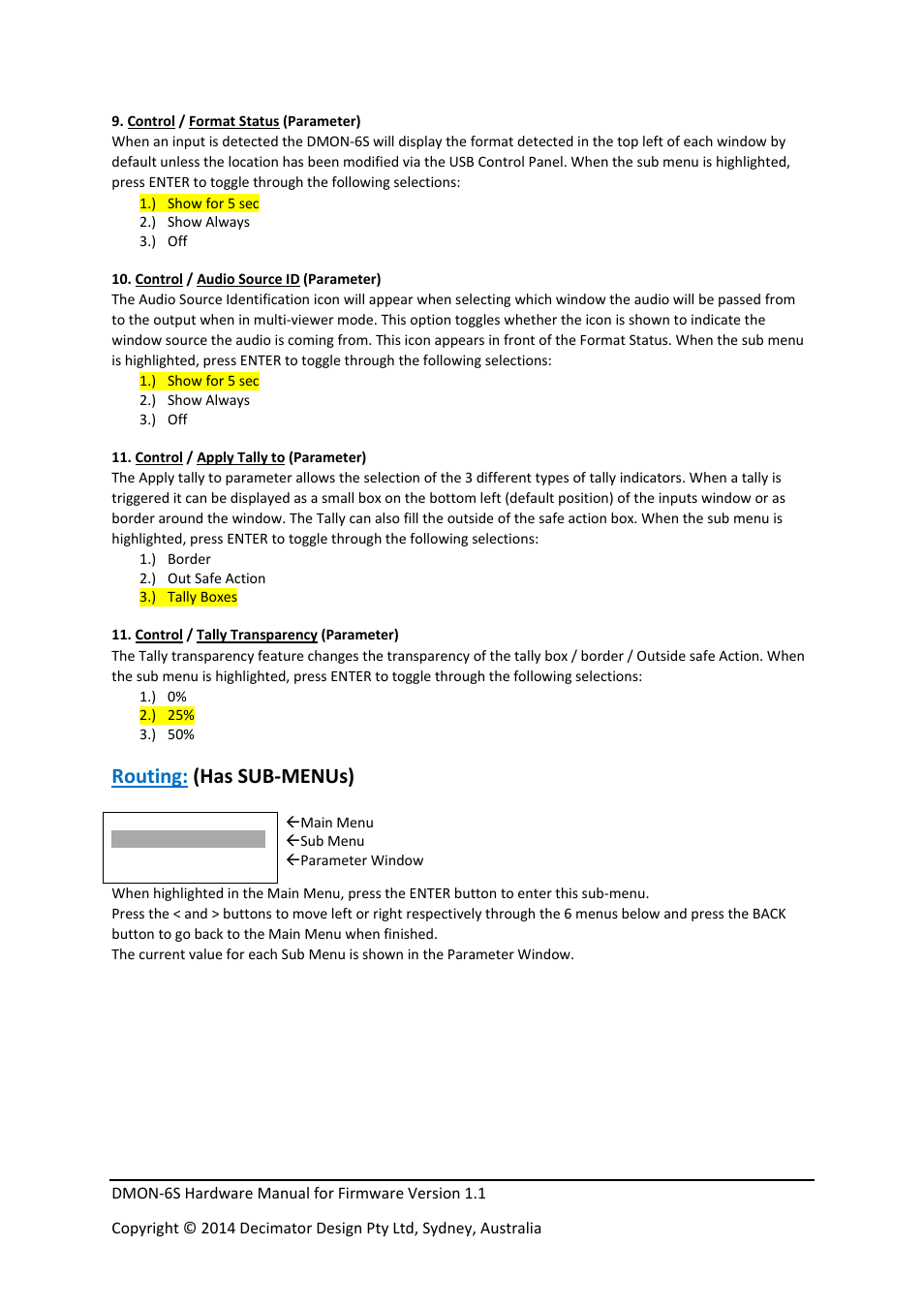 Routing: (has sub‐menus) | Decimator Design DMON-6S User Manual | Page 6 / 15