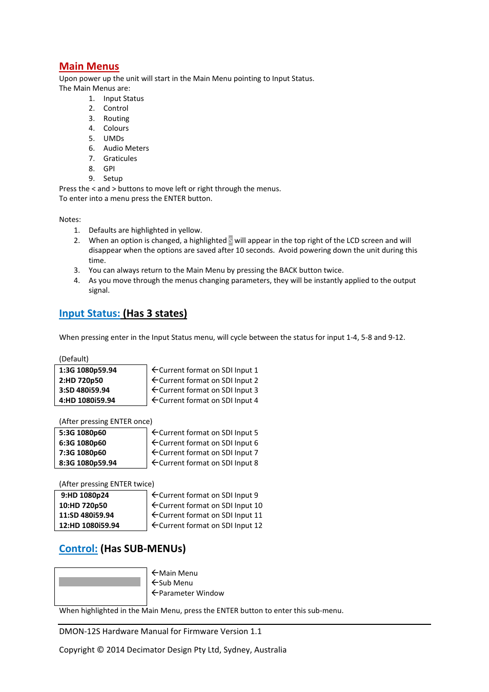 Main menus, Input status: (has 3 states), Control: (has sub‐menus) | Decimator Design DMON-12S User Manual | Page 3 / 16