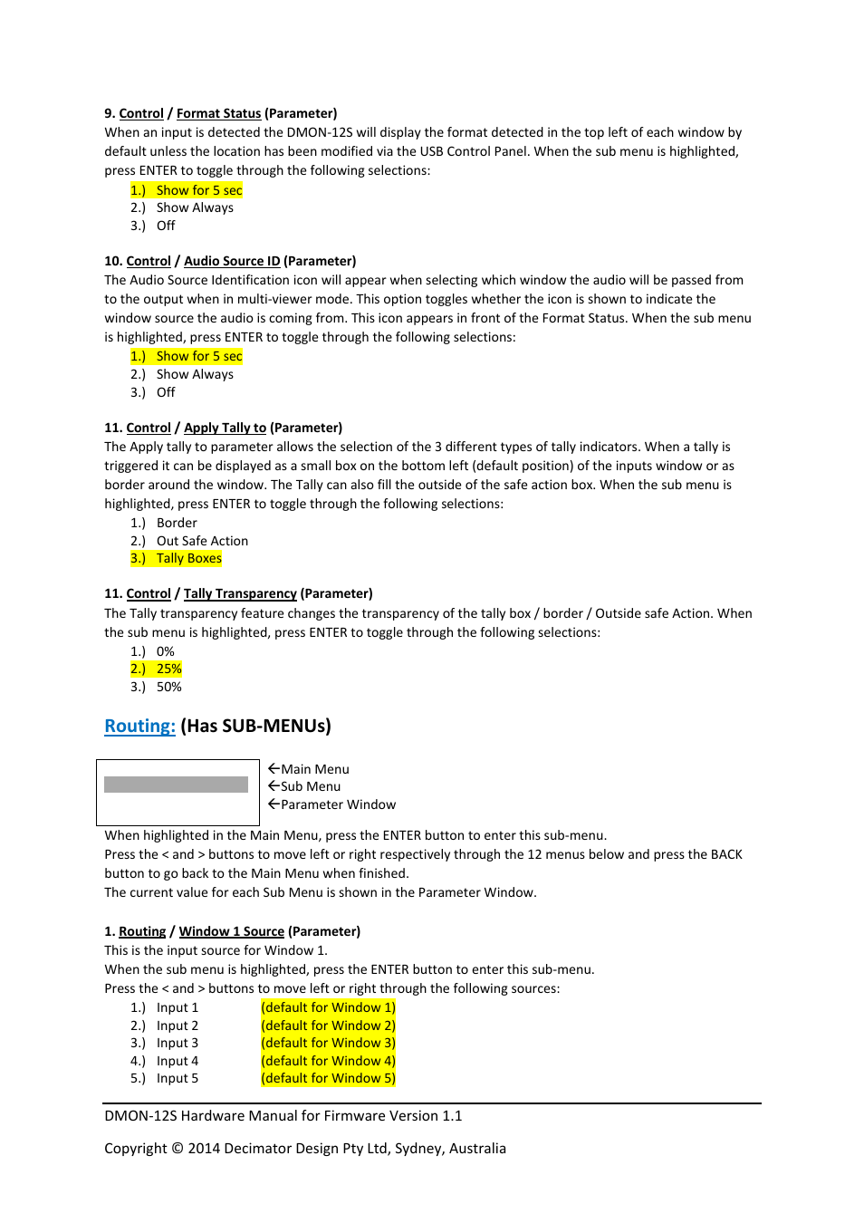 Routing: (has sub‐menus) | Decimator Design DMON-12S User Manual | Page 6 / 16