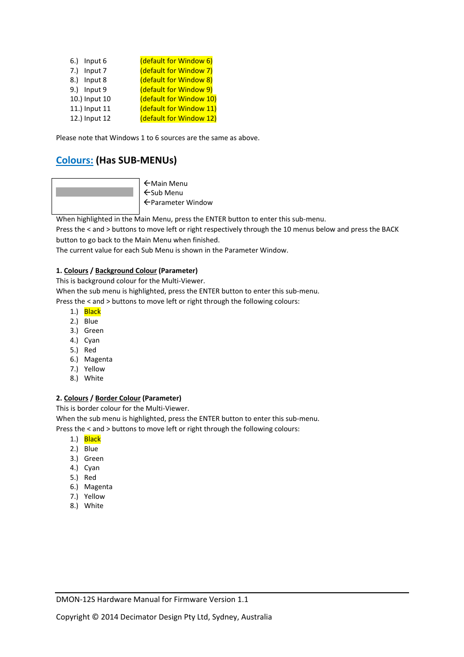 Colours: (has sub‐menus) | Decimator Design DMON-12S User Manual | Page 7 / 16