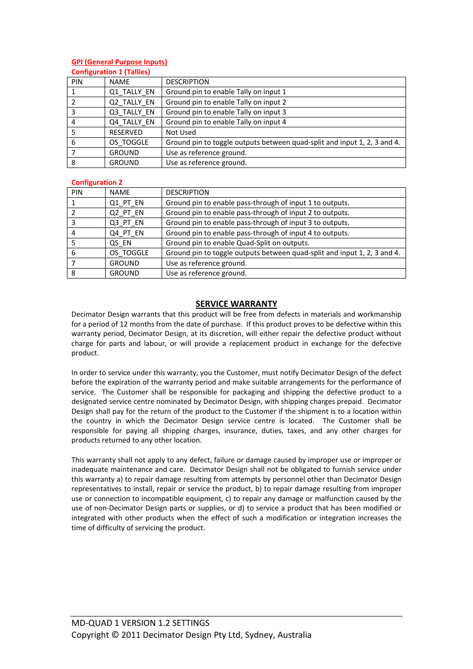 Decimator Design MD-QUAD VERSION 1 HARDWARE User Manual | Page 4 / 4
