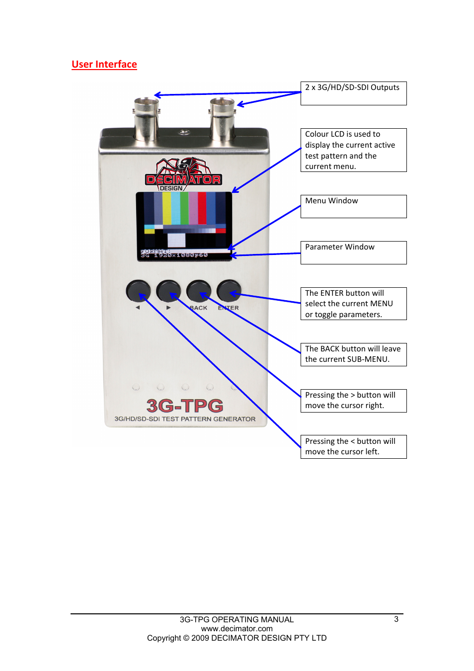 User interface | Decimator Design 3G-TPG User Manual | Page 3 / 8