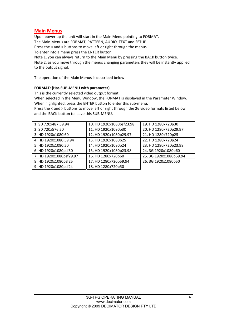 Main menus | Decimator Design 3G-TPG User Manual | Page 4 / 8