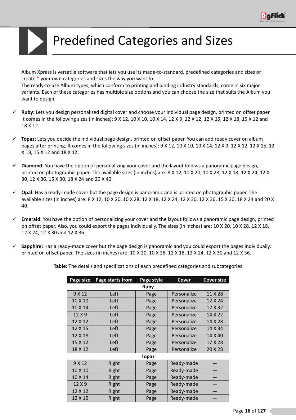 Predefined categories and sizes | DgFlick AlbumXpress User Manual | Page 17 / 128