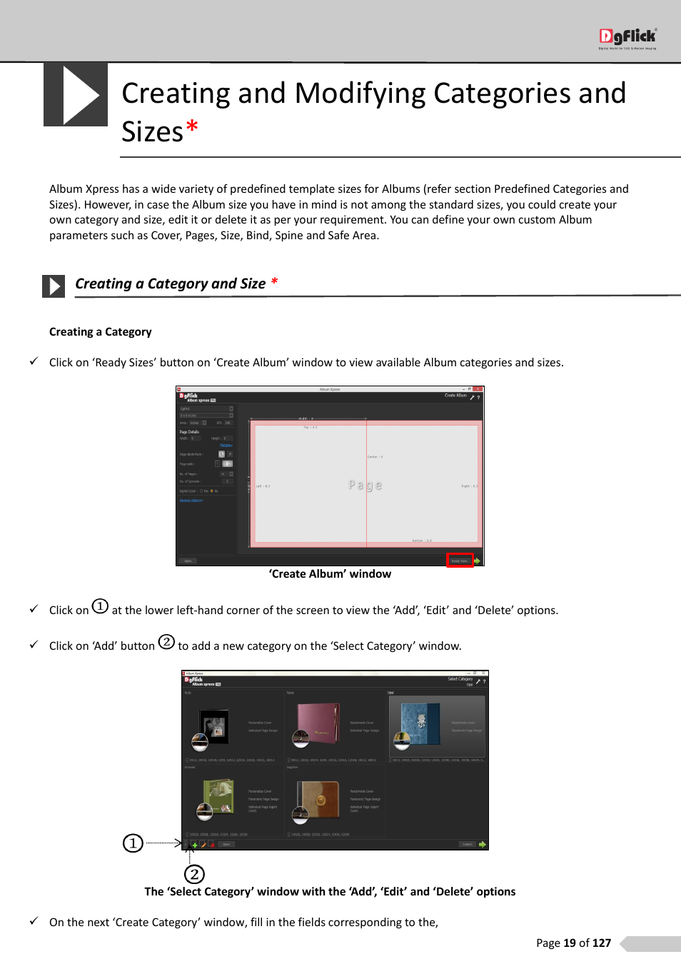 Creating and modifying categories and sizes, Creating a category and size | DgFlick AlbumXpress User Manual | Page 20 / 128