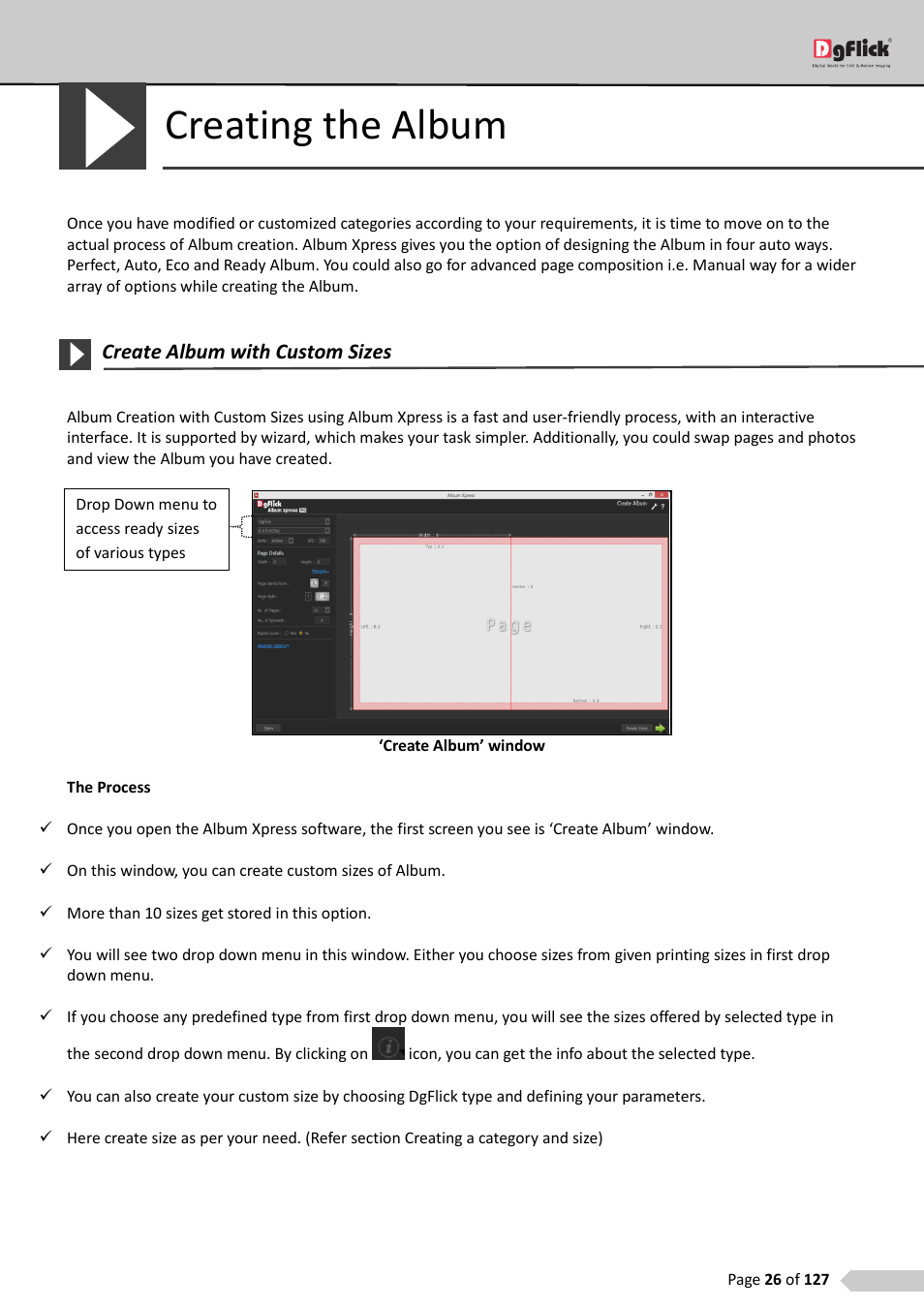 Creating the album, Create album with custom sizes | DgFlick AlbumXpress User Manual | Page 27 / 128