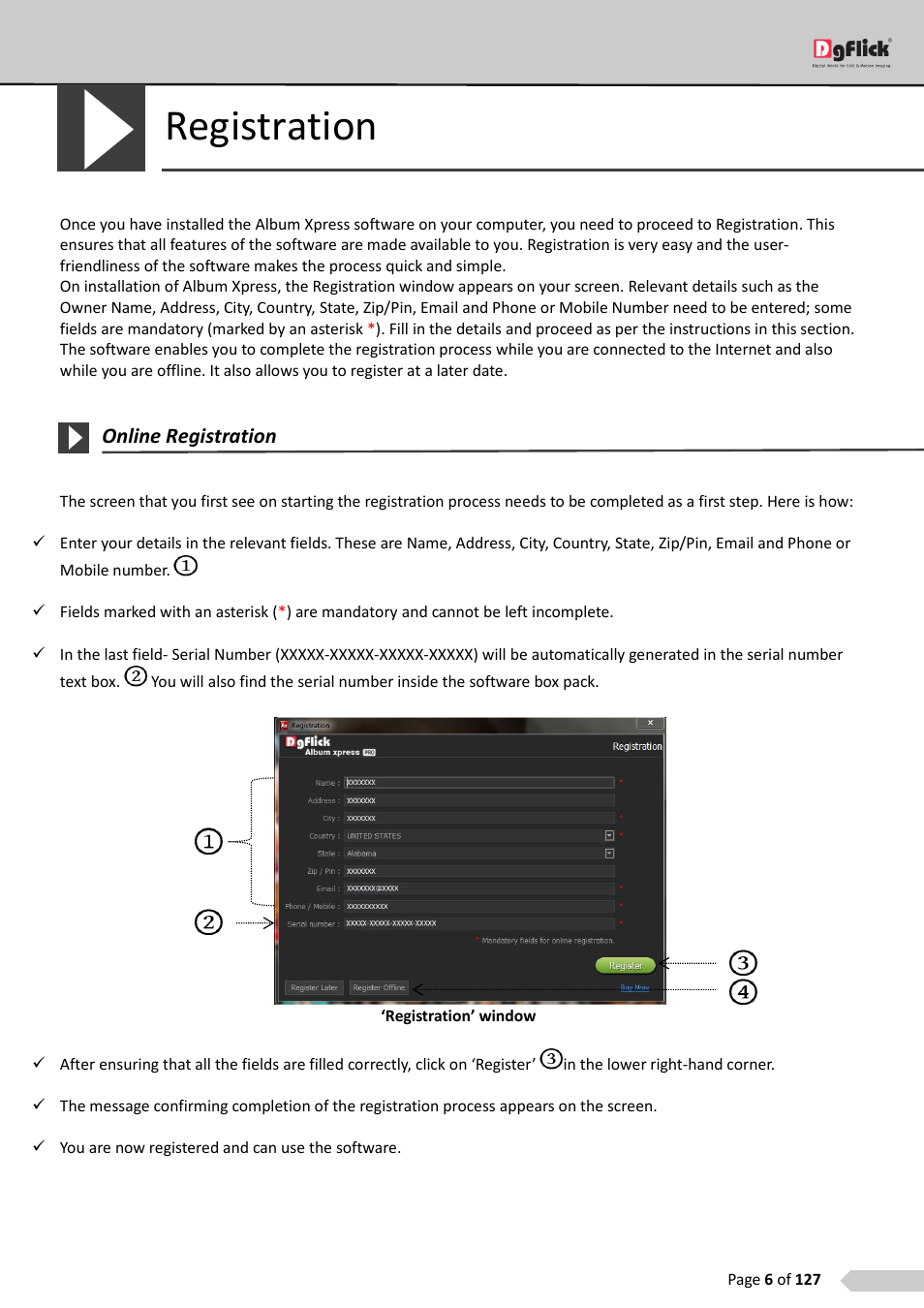 Registration, Online registration | DgFlick AlbumXpress User Manual | Page 7 / 128