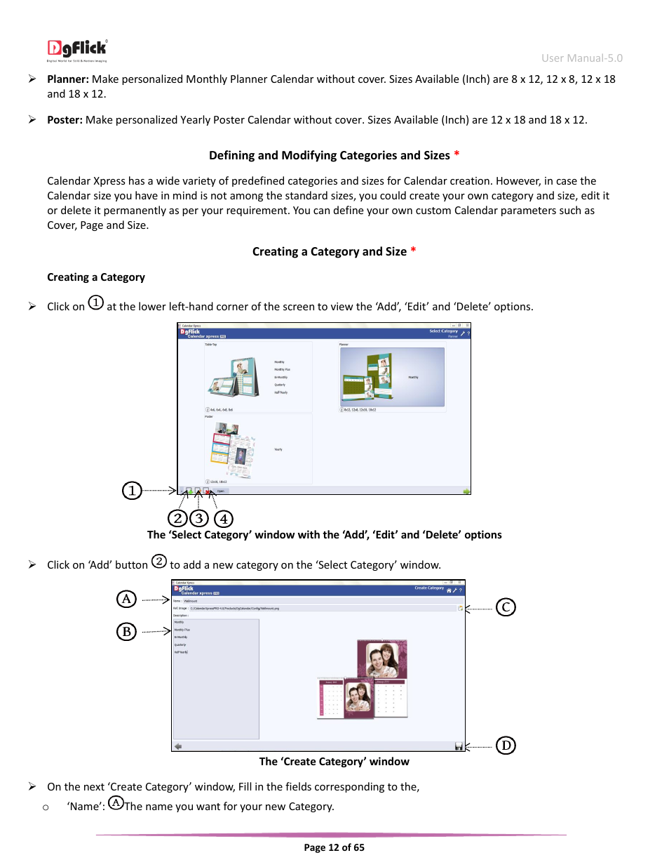 Defining and modifying categories and sizes, Creating a category and size | DgFlick CalendarXpress User Manual | Page 12 / 66