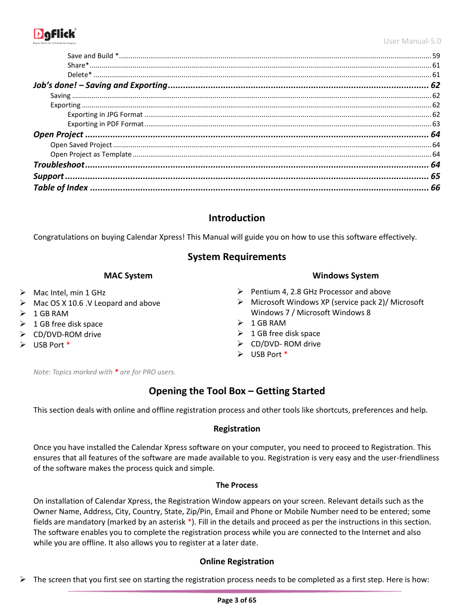 Introduction, System requirements, Opening the tool box – getting started | Windows system, Registration, Online registration | DgFlick CalendarXpress User Manual | Page 4 / 66