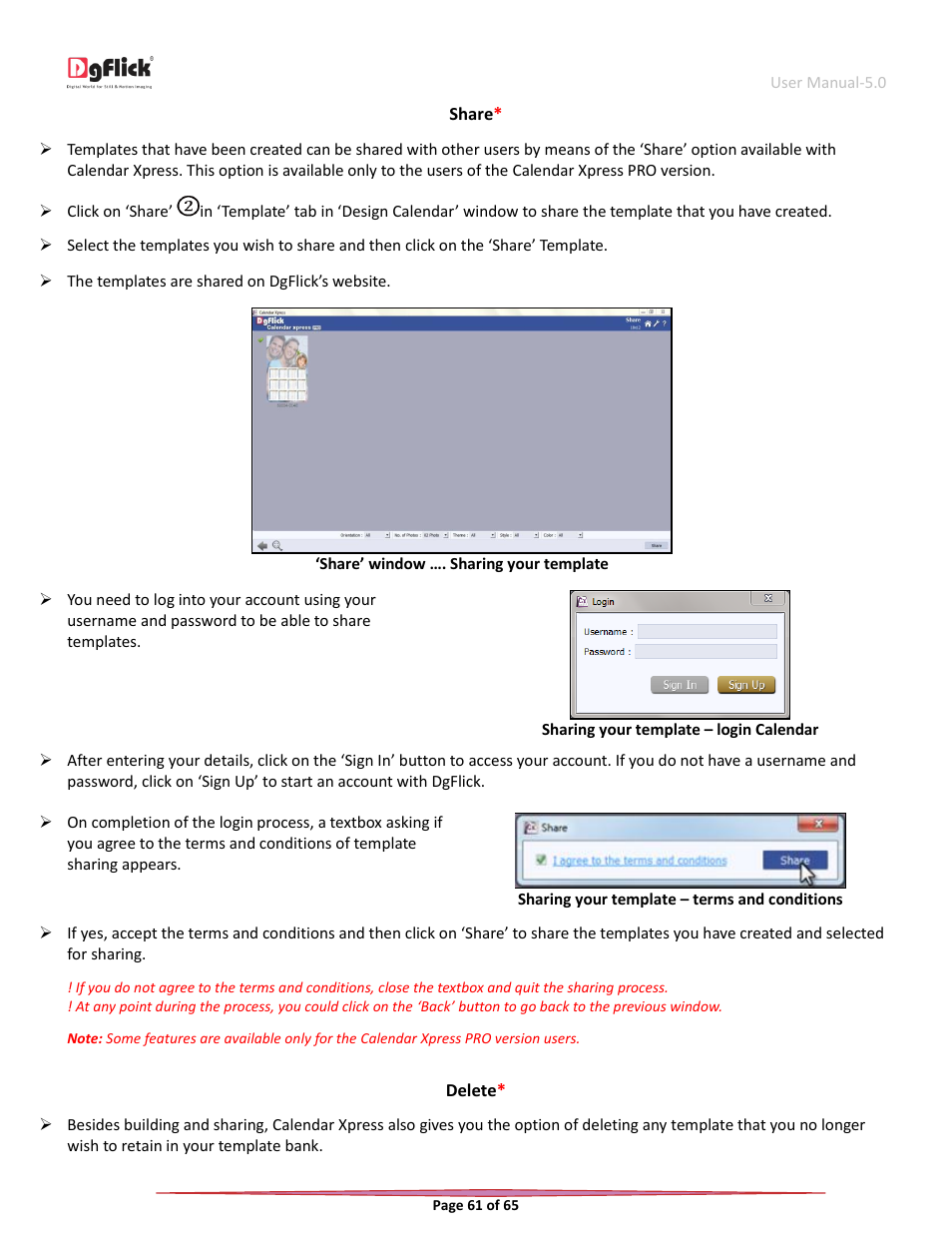 Share, Delete | DgFlick CalendarXpress User Manual | Page 61 / 66