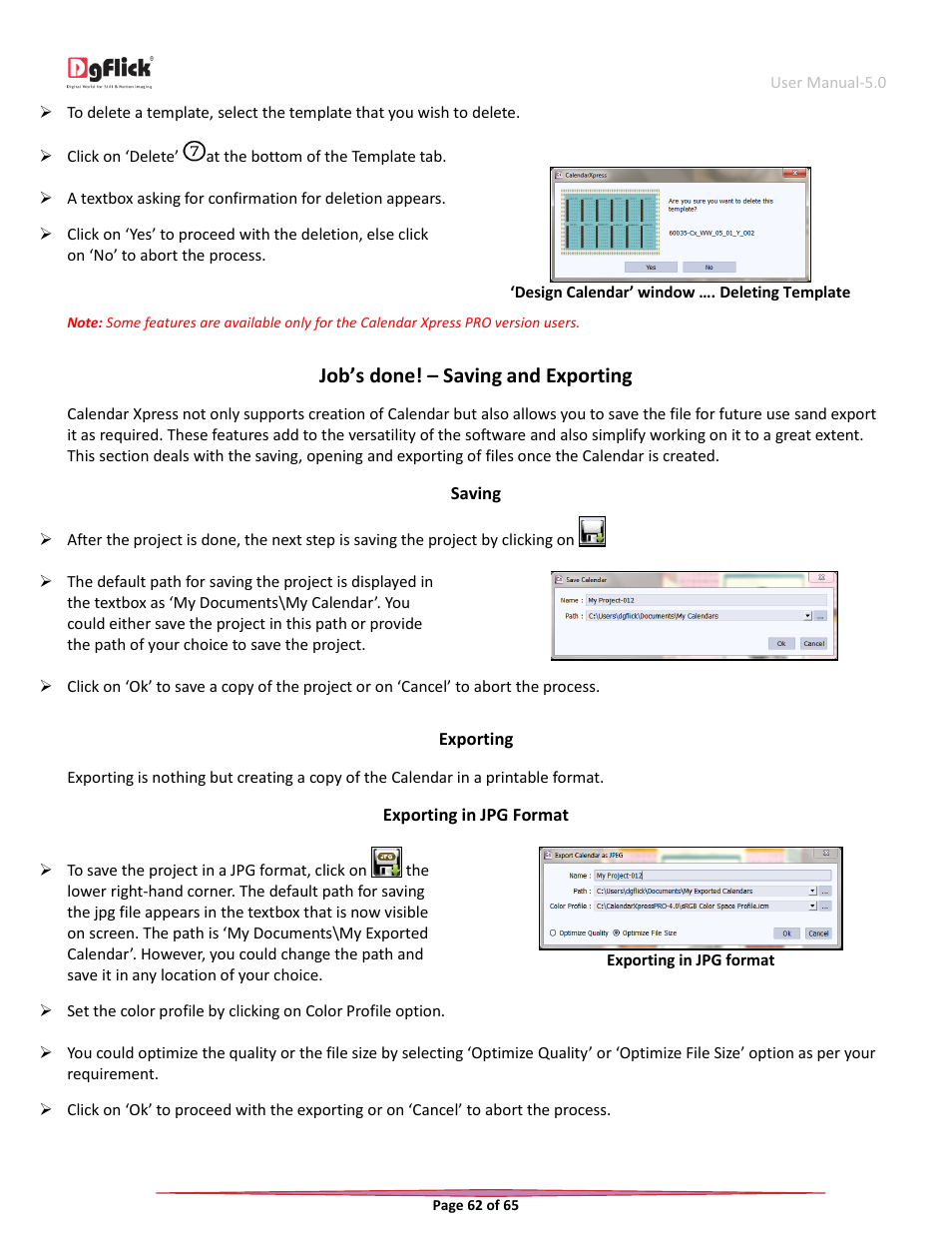 Job’s done! – saving and exporting, Saving, Exporting | Exporting in jpg format | DgFlick CalendarXpress User Manual | Page 62 / 66