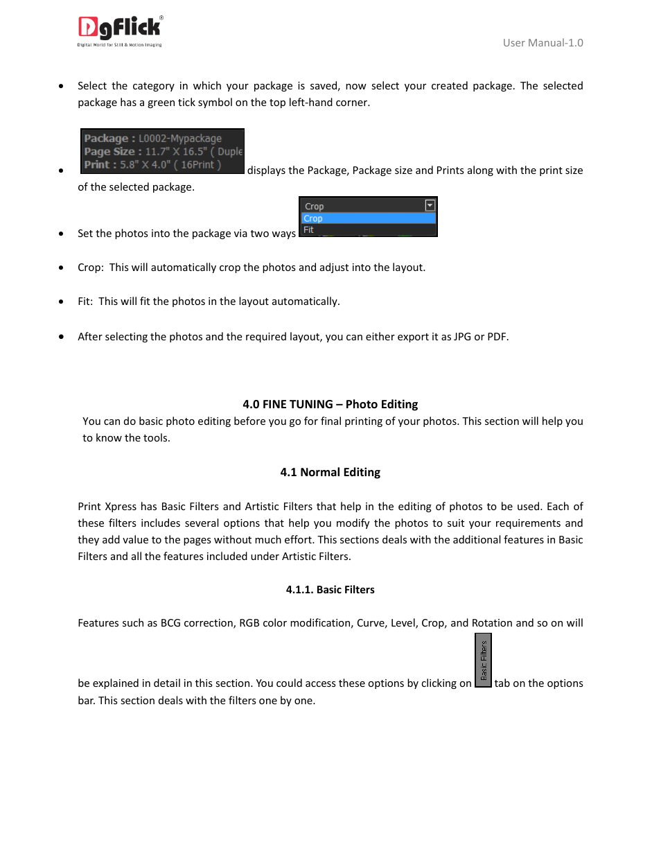 Normal editing, Basic filters | DgFlick PrintXpress User Manual | Page 33 / 53