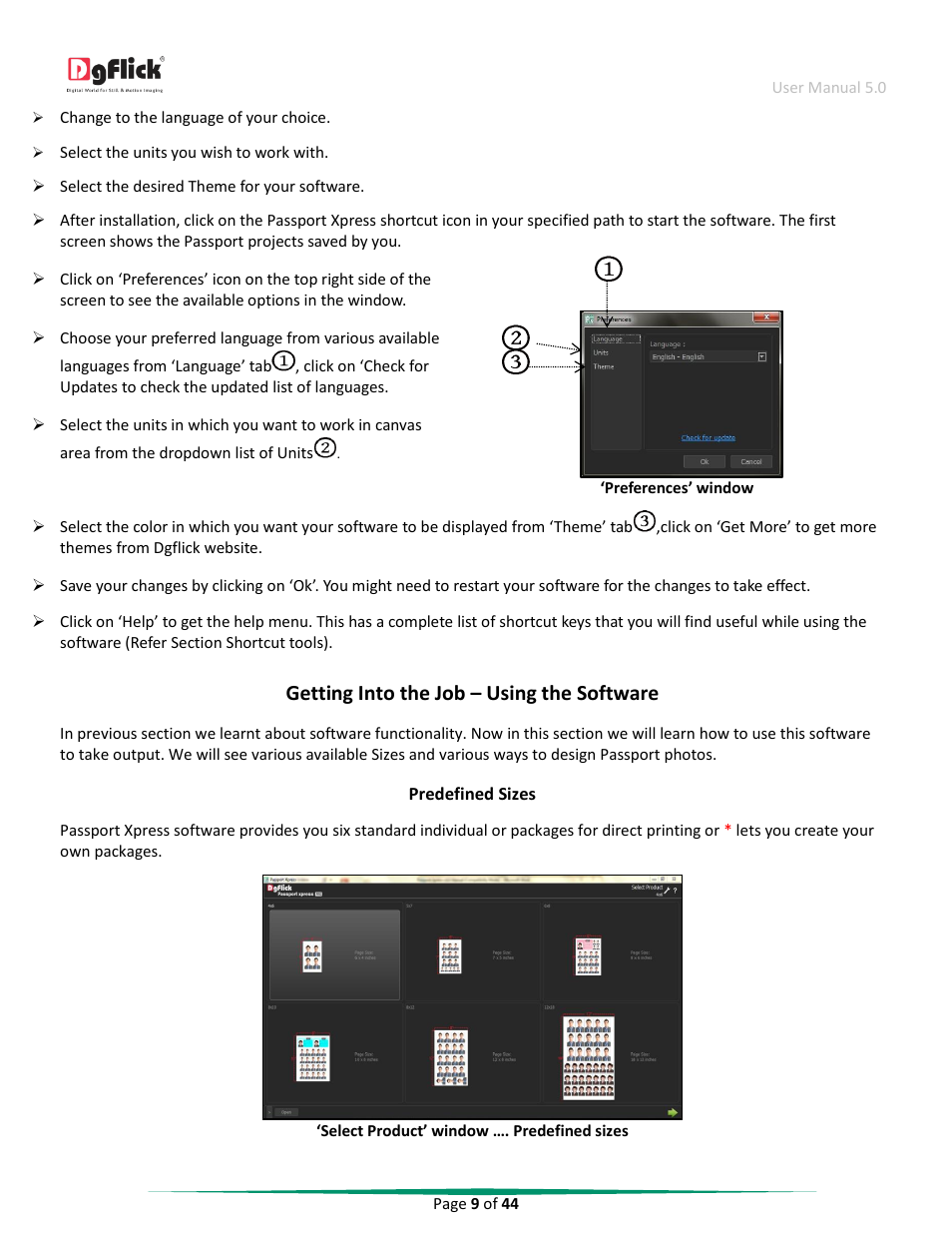 Getting into the job – using the software, Predefined sizes | DgFlick Passport Xpress User Manual | Page 10 / 45