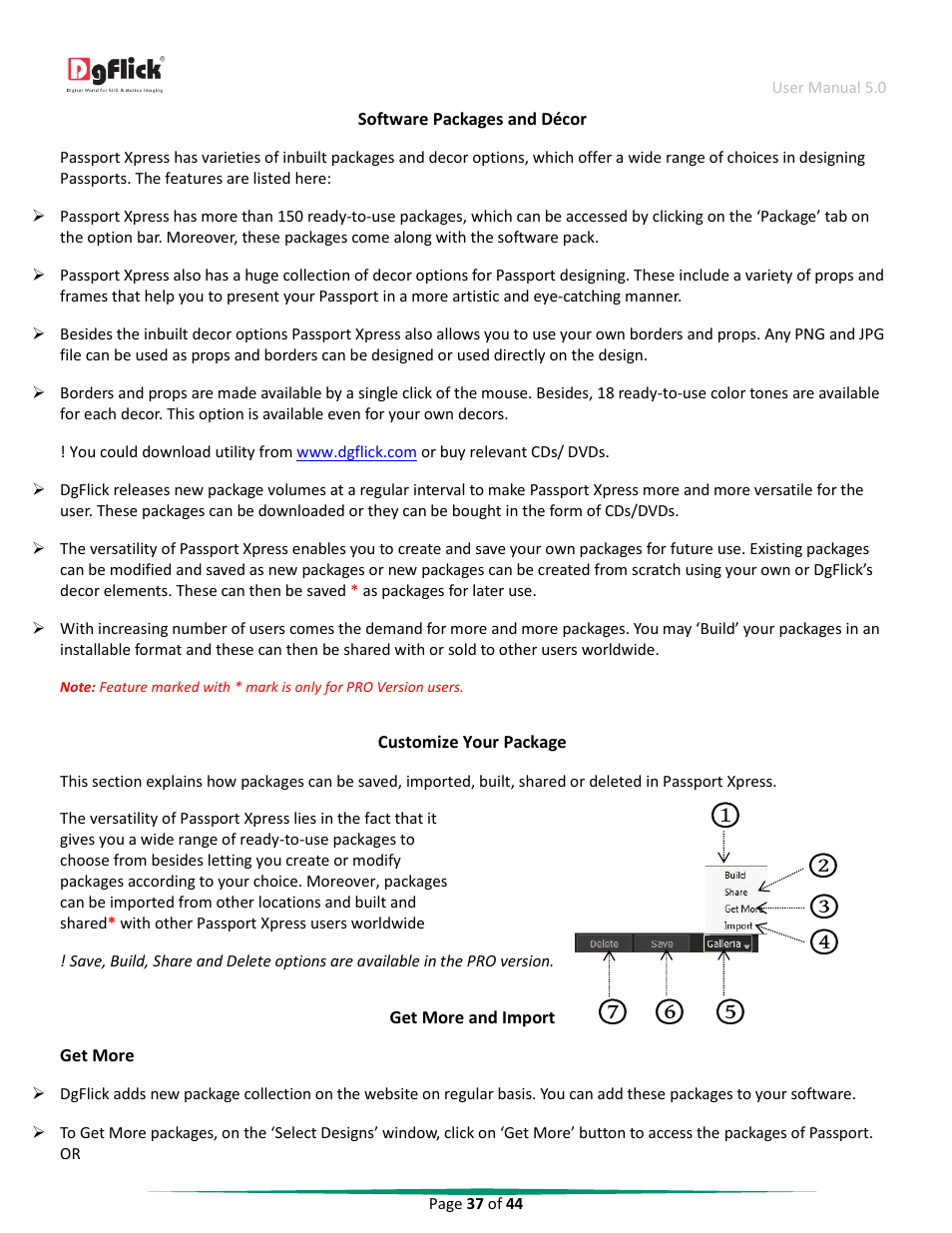 Software packages and décor, Customize your package, Get more and import | DgFlick Passport Xpress User Manual | Page 38 / 45