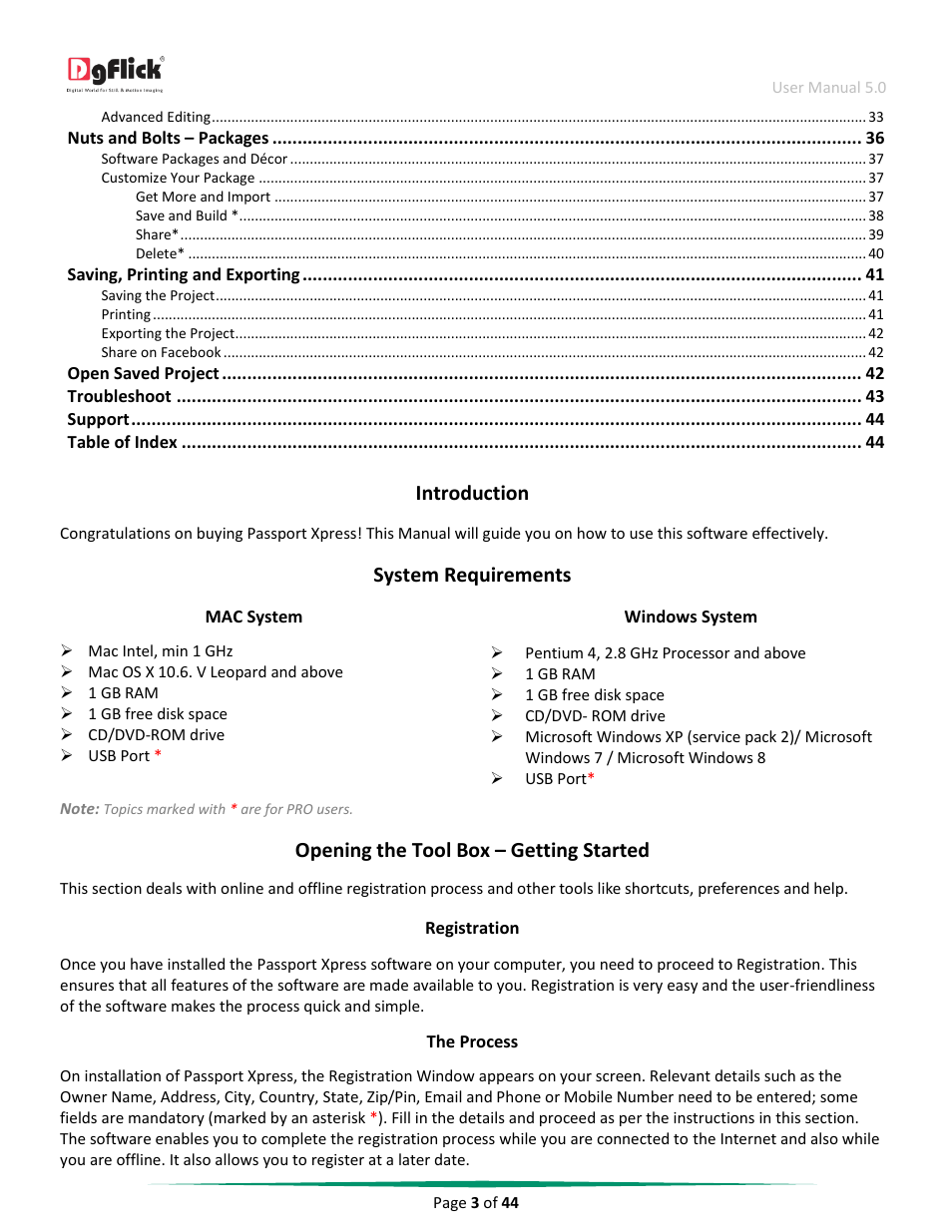 Introduction, System requirements, Opening the tool box – getting started | Mac system, Windows system, Registration | DgFlick Passport Xpress User Manual | Page 4 / 45