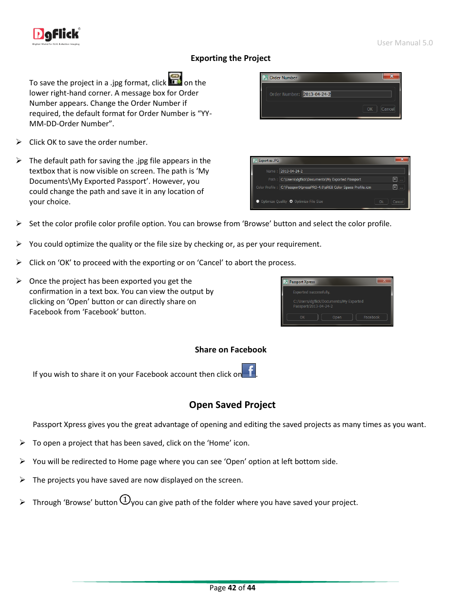 Open saved project, Exporting the project, Share on facebook | DgFlick Passport Xpress User Manual | Page 43 / 45