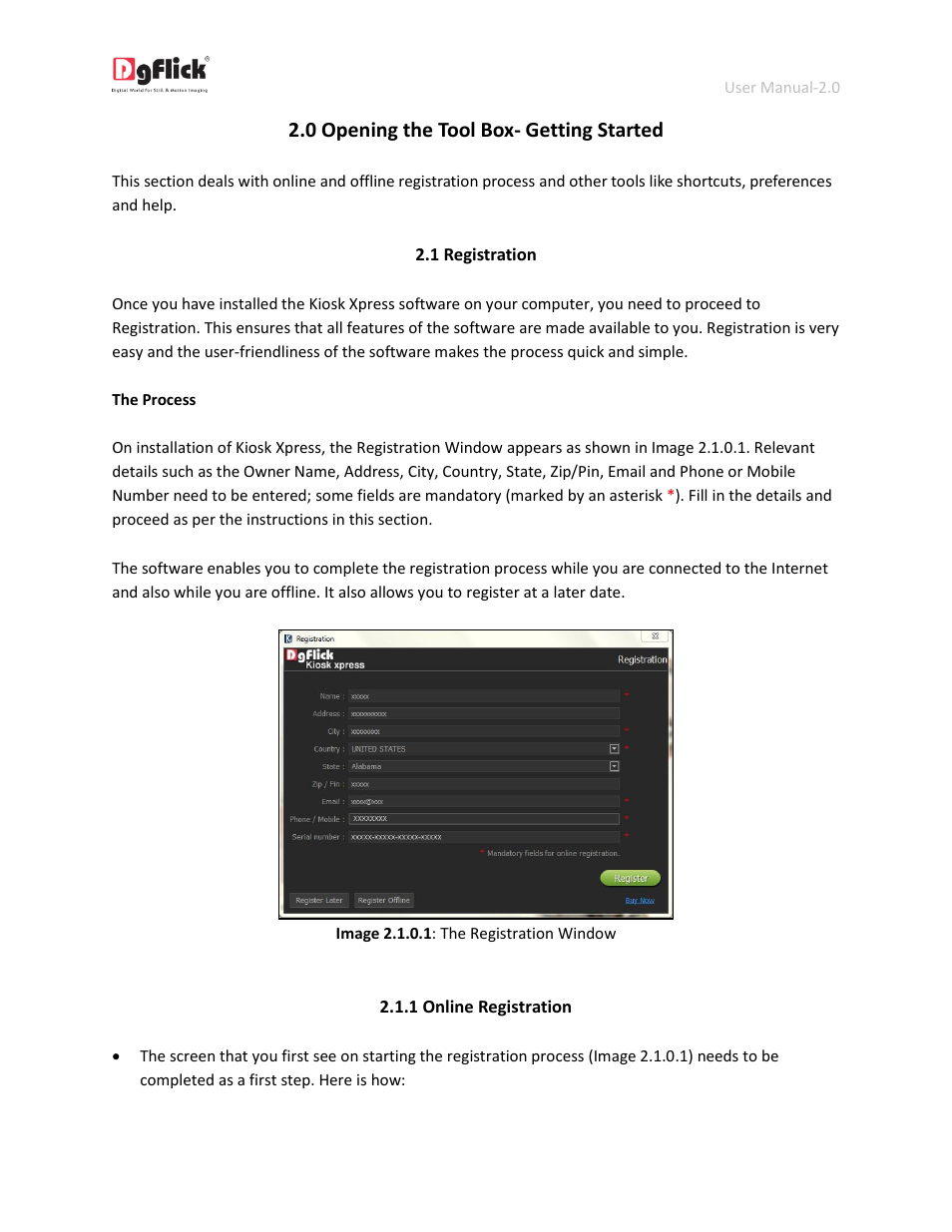 Registration, Online registration, 0 opening the tool box- getting started | DgFlick KioskXpress User Manual | Page 4 / 43