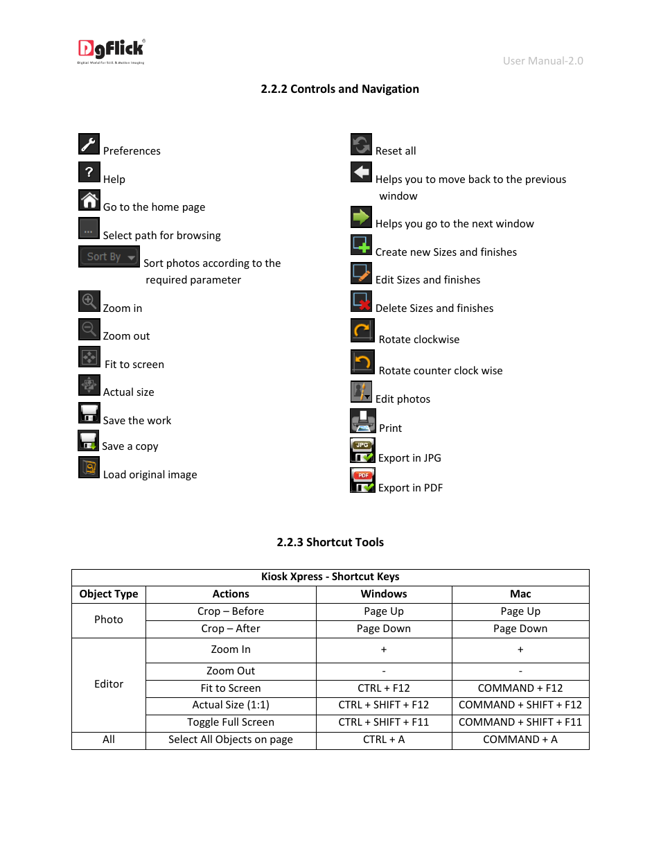 Controls and navigation, Shortcut tools | DgFlick KioskXpress User Manual | Page 8 / 43