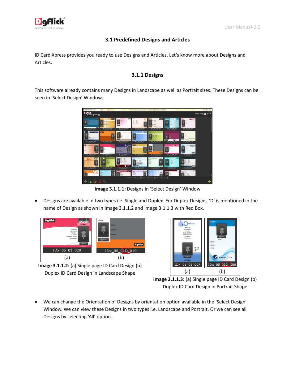 Predefined designs and articles, Designs | DgFlick IDCardXpress User Manual | Page 15 / 75