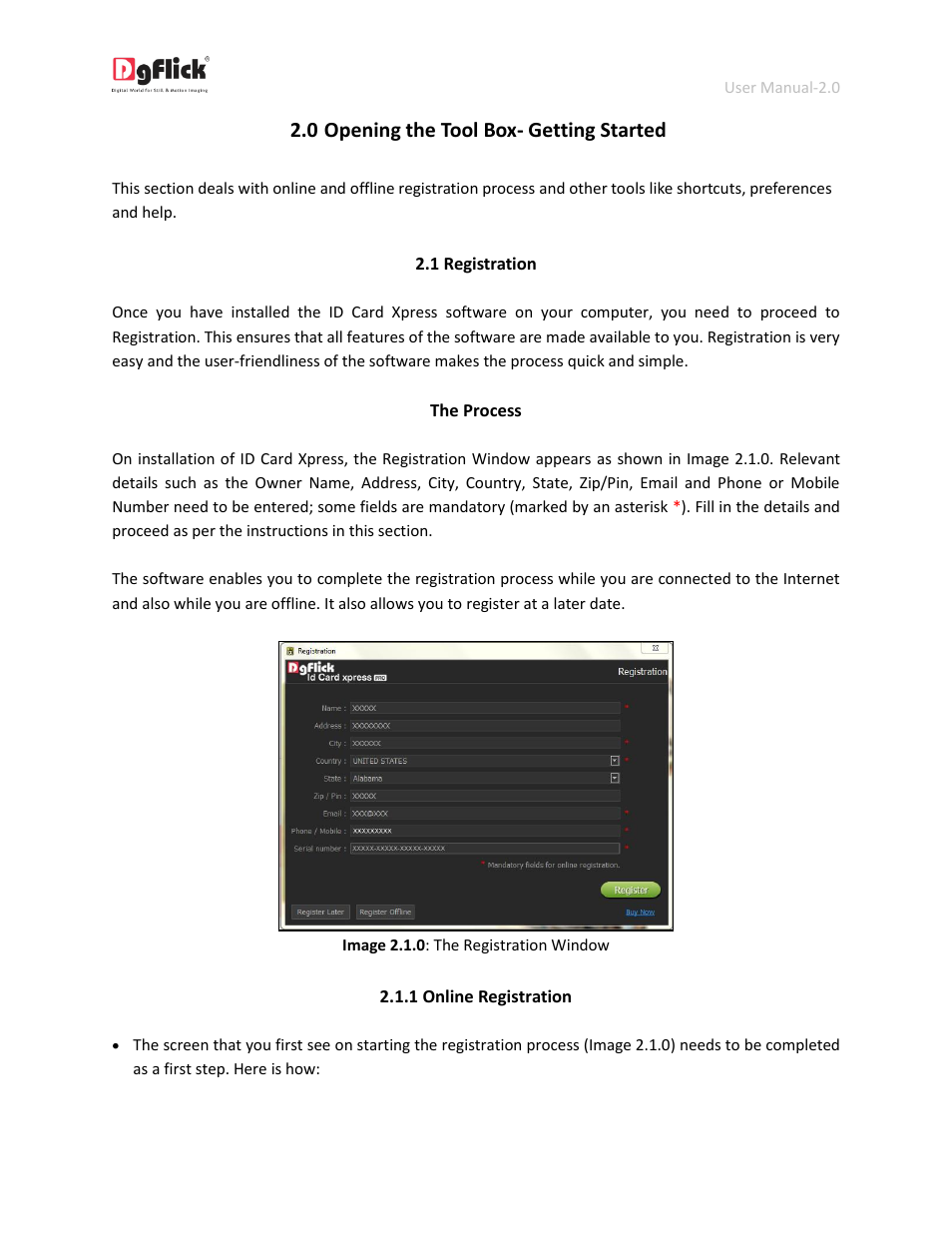 Registration, Online registration, 0 opening the tool box- getting started | DgFlick IDCardXpress User Manual | Page 4 / 75