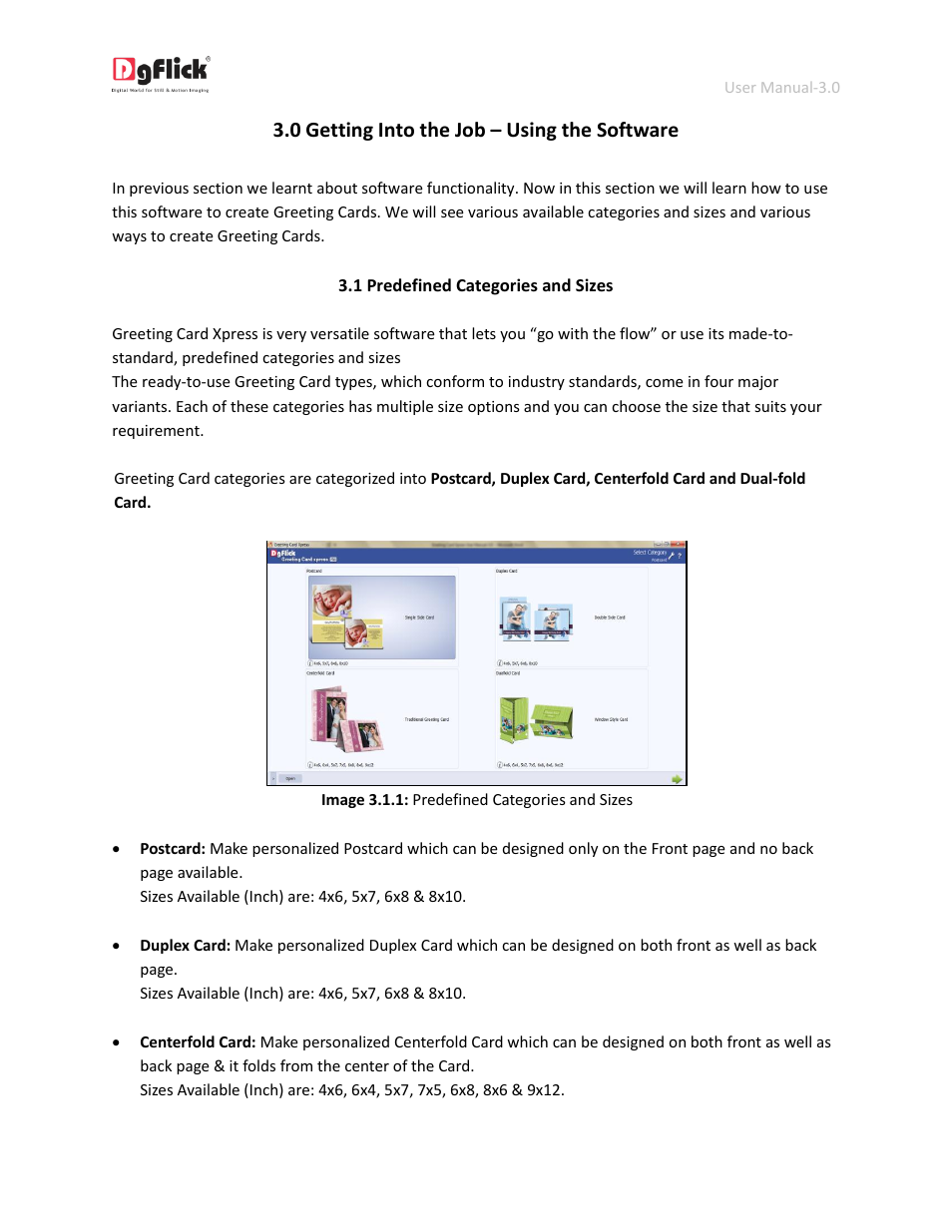 Predefined categories and sizes, 0 getting into the job – using the software | DgFlick GreetingXpress User Manual | Page 16 / 86