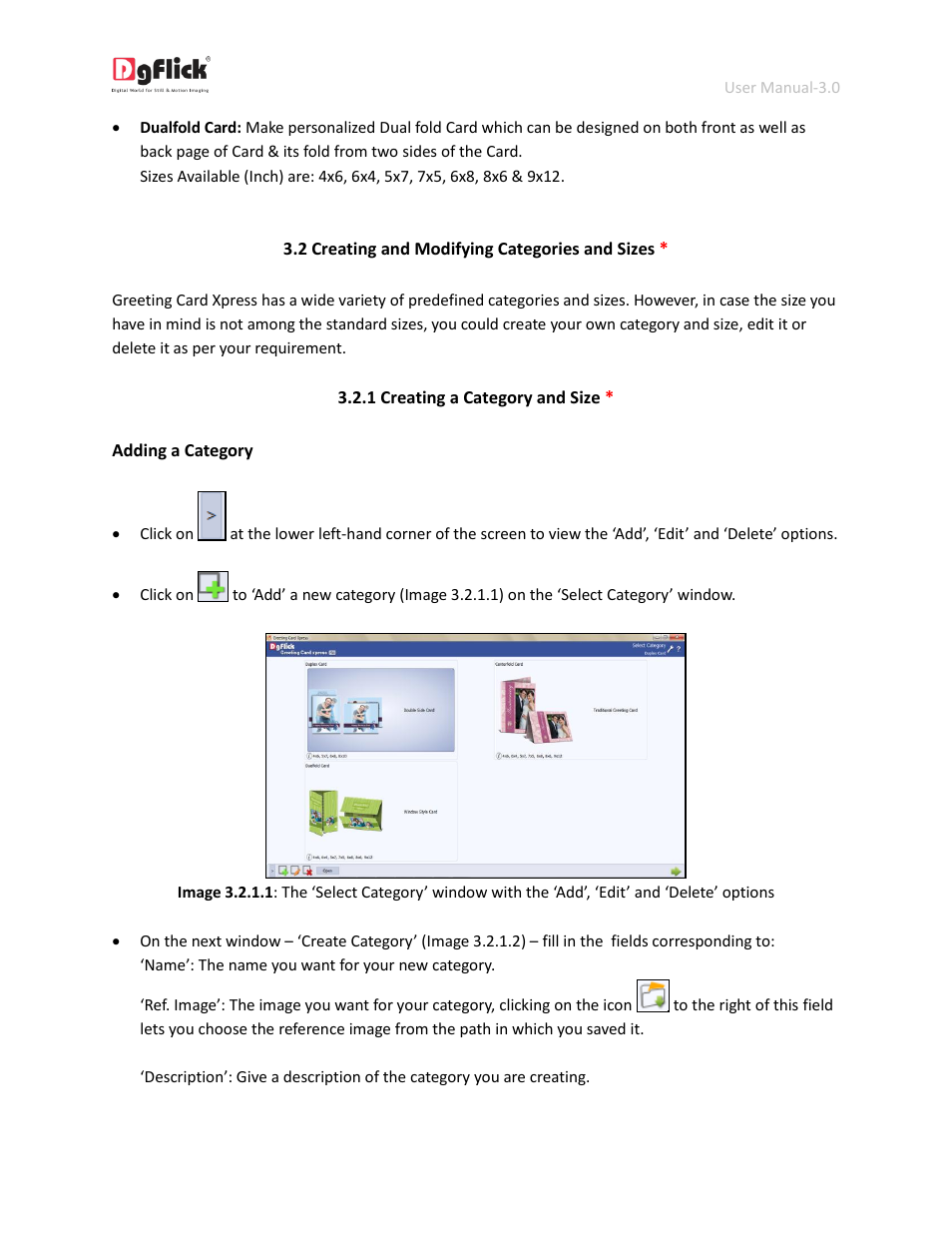 Creating and modifying categories and sizes, Creating a category and size | DgFlick GreetingXpress User Manual | Page 17 / 86