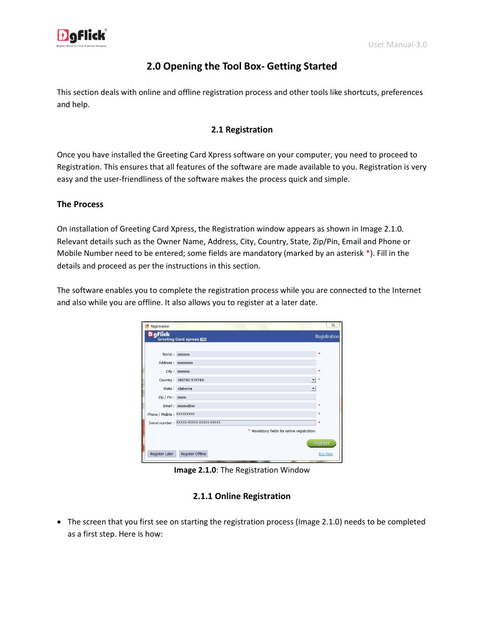 Registration, Online registration, 0 opening the tool box- getting started | DgFlick GreetingXpress User Manual | Page 5 / 86