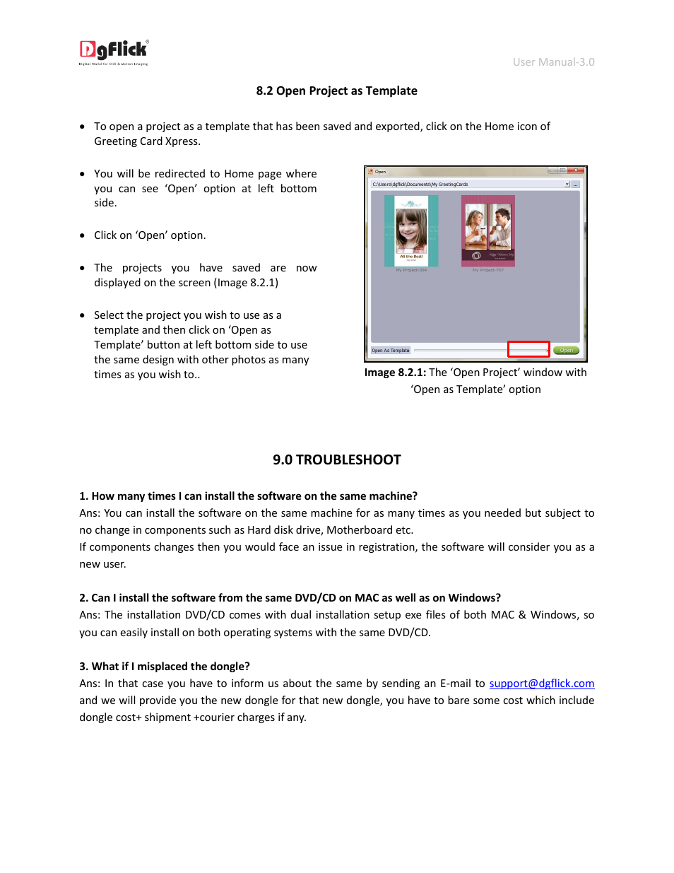 Open project as template, Troubleshoot, 0 troubleshoot | DgFlick GreetingXpress User Manual | Page 85 / 86