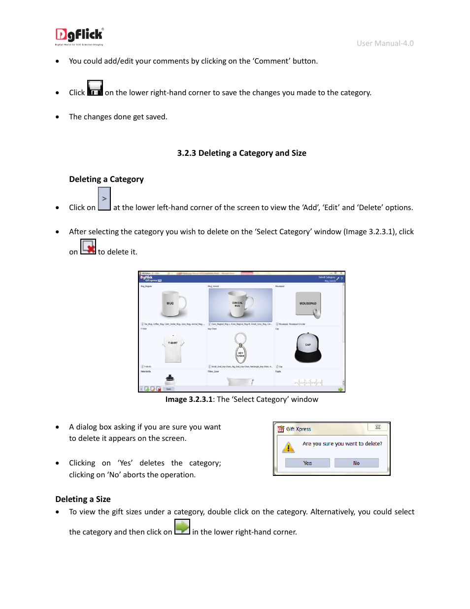 Deleting a category and size | DgFlick GiftXpress User Manual | Page 22 / 98