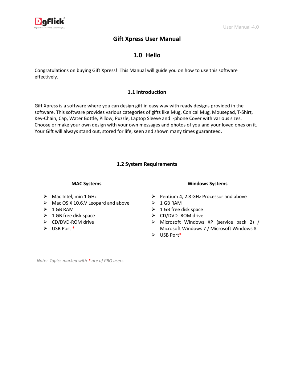 Introduction, System requirements, Gift xpress user manual 1.0 hello | DgFlick GiftXpress User Manual | Page 4 / 98
