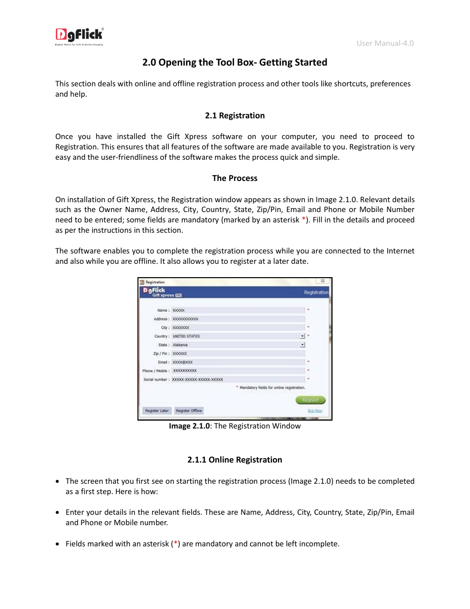 Registration, Online registration, 0 opening the tool box- getting started | DgFlick GiftXpress User Manual | Page 5 / 98