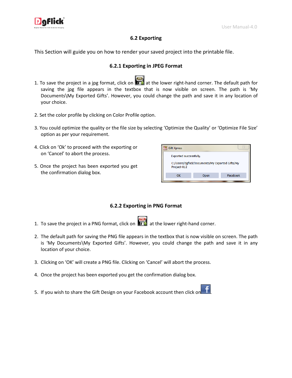 Exporting, Exporting in jpeg format, Exporting in png format | DgFlick GiftXpress User Manual | Page 96 / 98