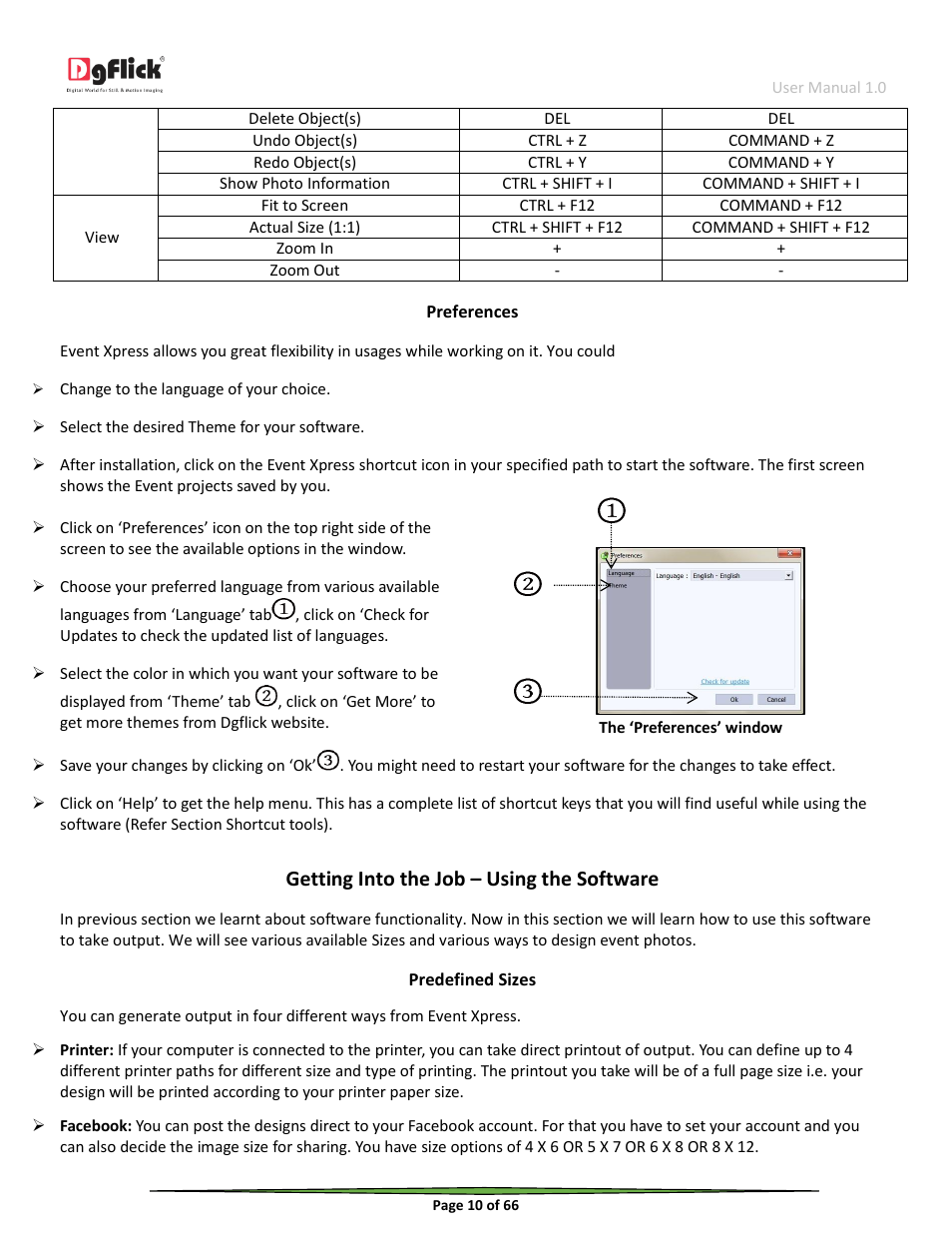Getting into the job – using the software, Preferences, Predefined sizes | DgFlick Event Xpress User Manual | Page 10 / 66