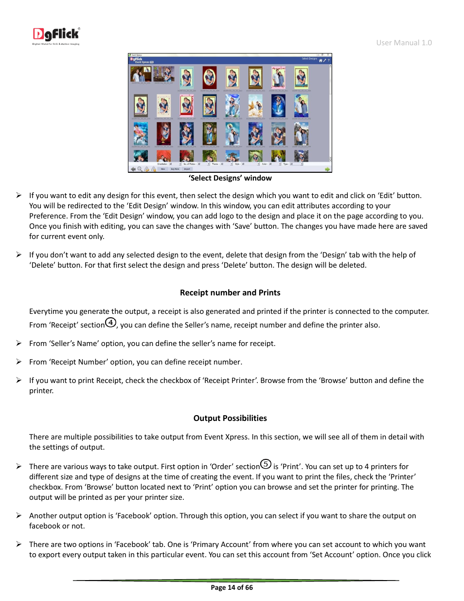 Receipt number and prints, Output possibilities | DgFlick Event Xpress User Manual | Page 14 / 66