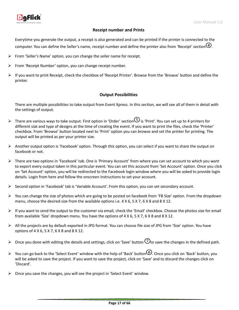 Receipt number and prints, Output possibilities | DgFlick Event Xpress User Manual | Page 17 / 66