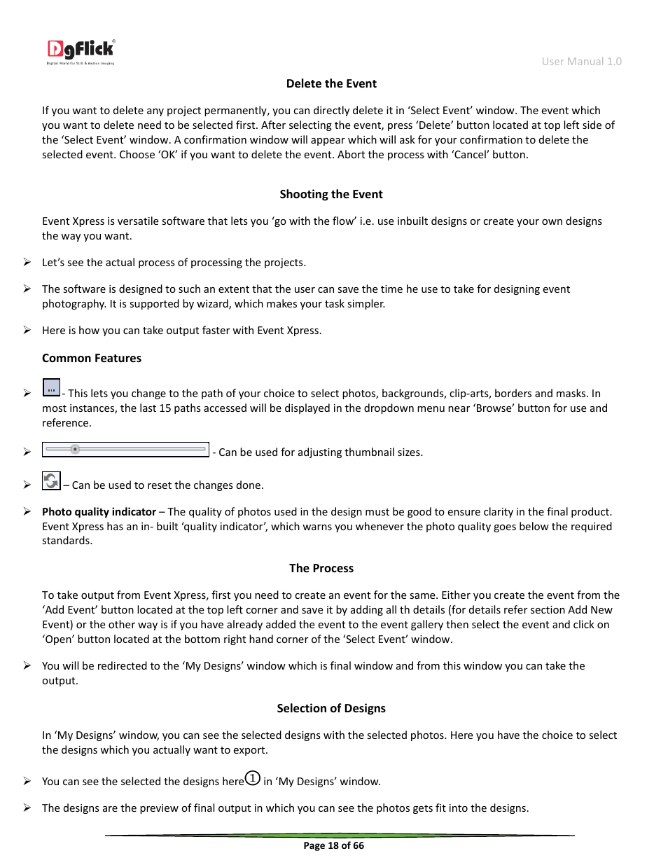 Delete the event, Shooting the event, Selection of designs | DgFlick Event Xpress User Manual | Page 18 / 66