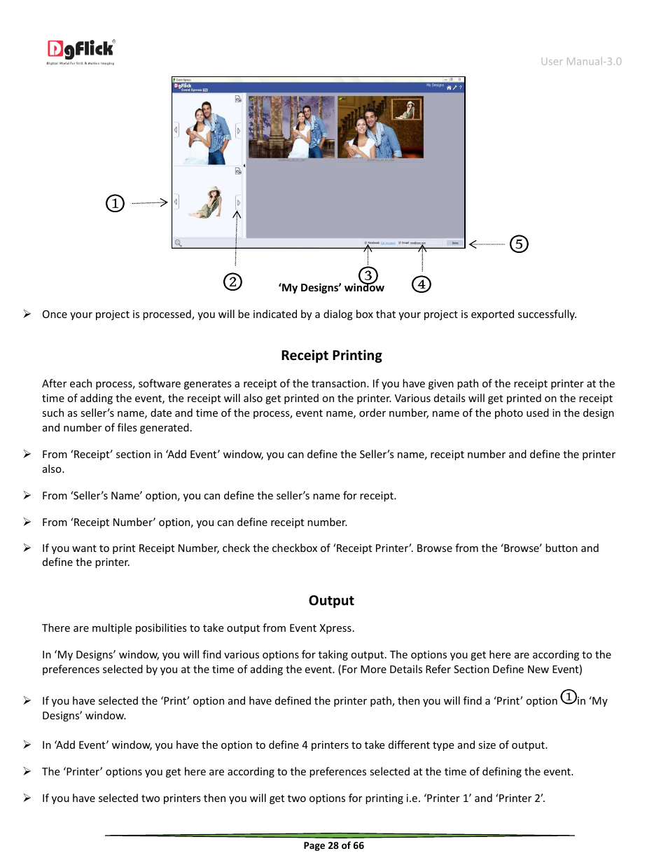 Receipt printing, Output | DgFlick Event Xpress User Manual | Page 28 / 66