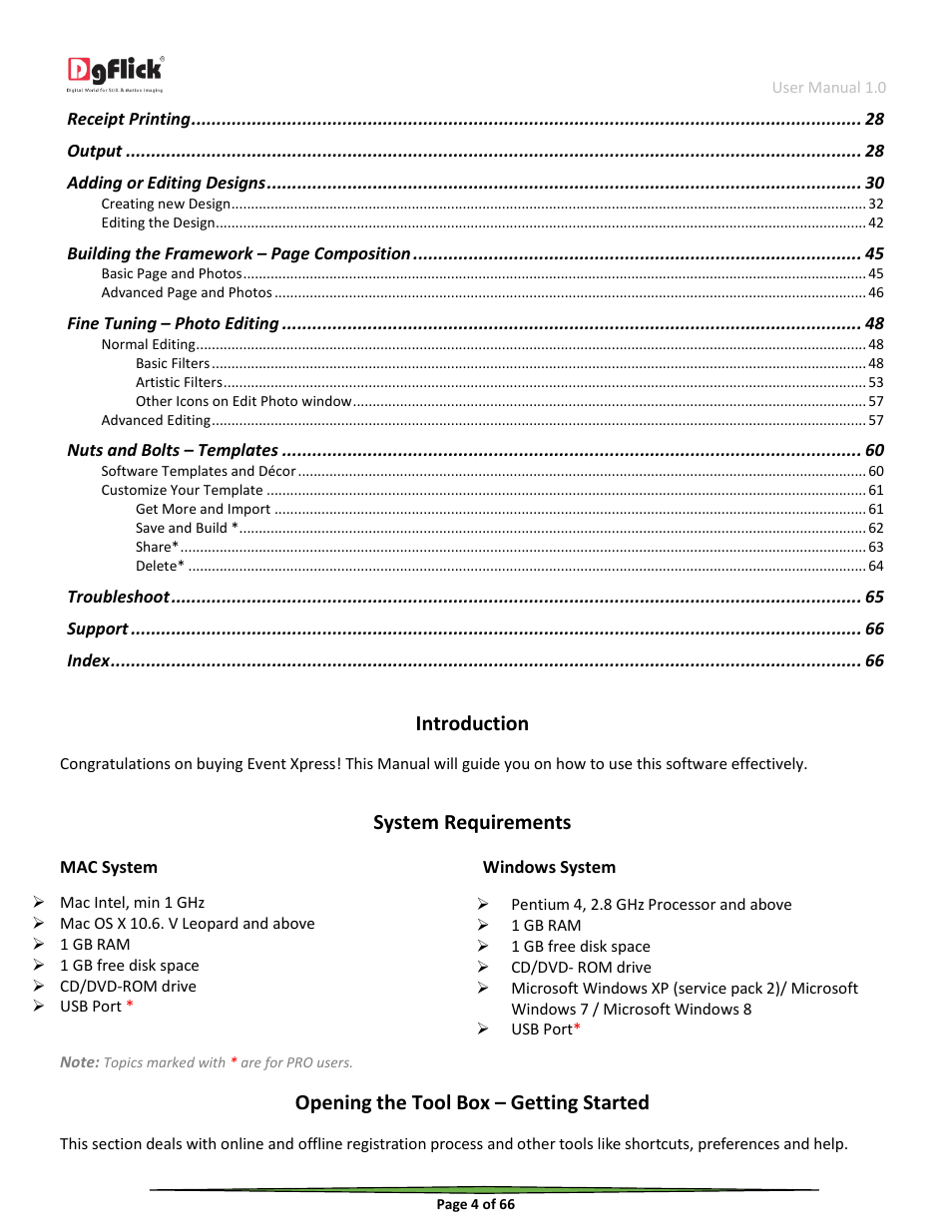 Introduction, System requirements, Opening the tool box – getting started | Mac system, Windows system | DgFlick Event Xpress User Manual | Page 4 / 66