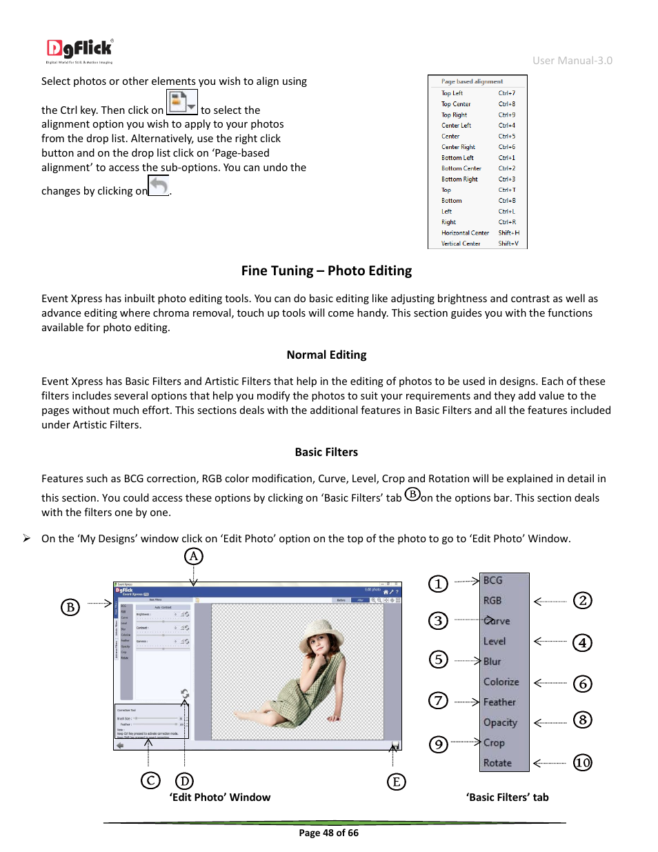 Fine tuning – photo editing, Normal editing, Basic filters | DgFlick Event Xpress User Manual | Page 48 / 66